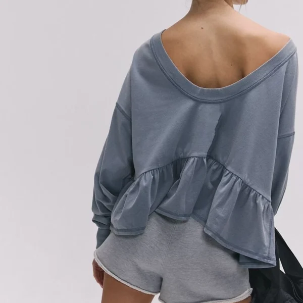 Slate Blue Off-Shoulder Peplum Oversized Sweatshirt