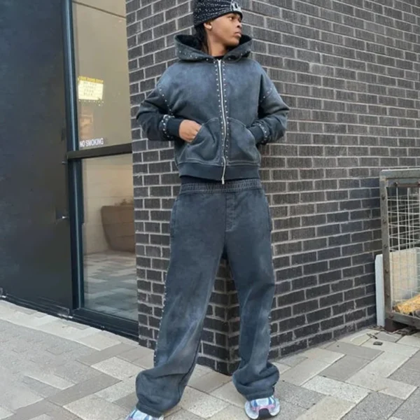 Mens Studded Washed Zip Up Tracksuit Set