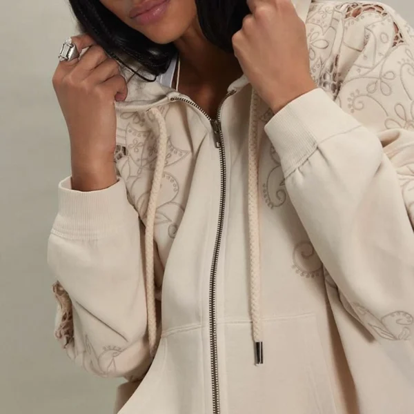 Cream Floral Cut-Out Embroidered Zip-Up Hoodie