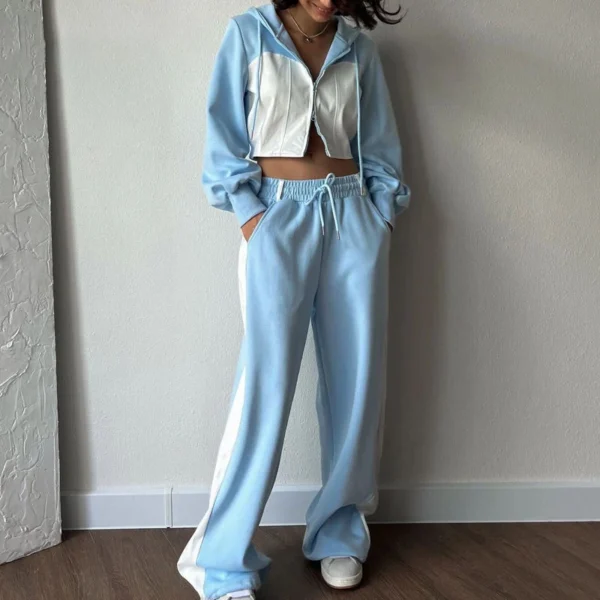 Light Blue White Colorblock Cropped Hoodie Tracksuit