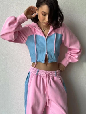 custom tracksuit, streetwear, colorblock, oversized fit Light Blue White Colorblock Cropped Hoodie Tracksuit