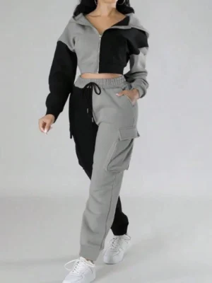 Two Tone Colorblock Cropped Cargo Tracksuit Set Two Tone Colorblock Cropped Cargo Tracksuit Set