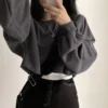 Dark Grey Raw Hem Cropped Oversized Sweatshirt
