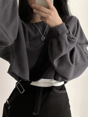 Dark Grey Raw Hem Cropped Oversized Sweatshirt Dark Grey Raw Hem Cropped Oversized Sweatshirt