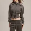 Washed Grey Corset Waist Cropped Zip Up Hoodie
