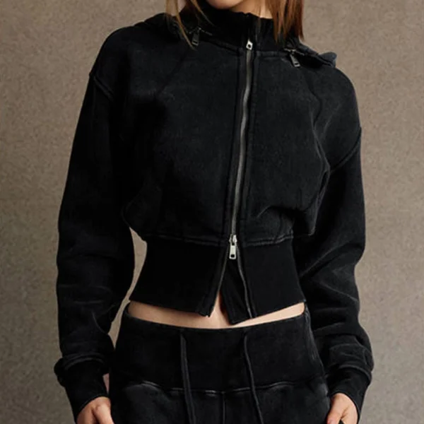 Washed Grey Corset Waist Cropped Zip Up Hoodie
