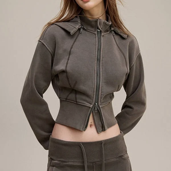 Washed Grey Corset Waist Cropped Zip Up Hoodie