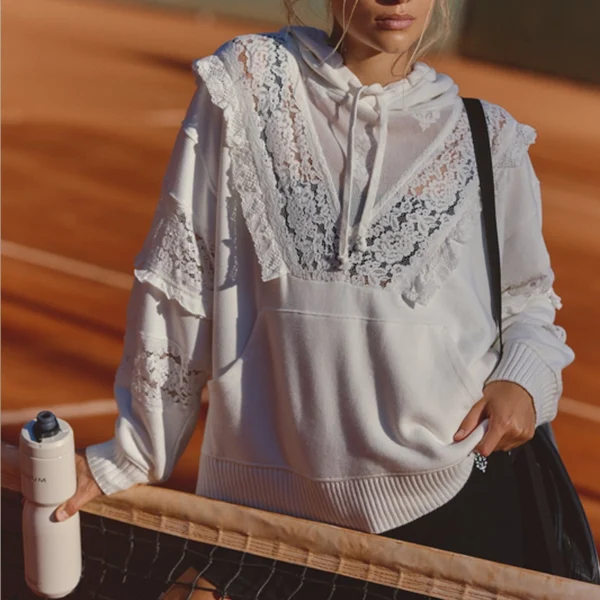 White Lace Ruffle-Trim Oversized Hoodie