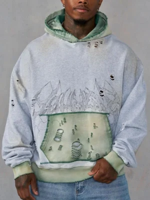 Distressed Tattoo-Embroidered Two-Tone Hoodie