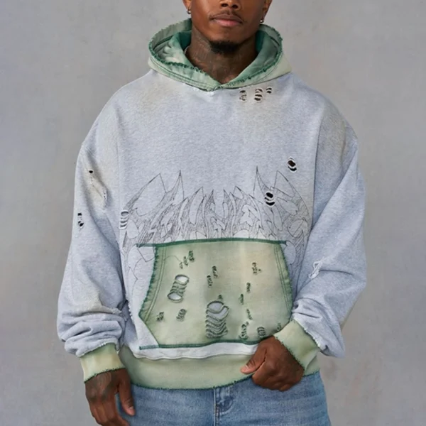 Distressed Tattoo-Embroidered Two-Tone Hoodie Distressed Tattoo-Embroidered Two-Tone Hoodie