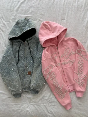 Pearl-Embellished Denim & Cotton Zip-Up Hoodie