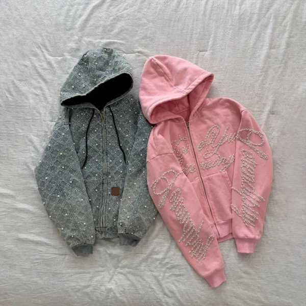 Pearl-Embellished Denim & Cotton Zip-Up Hoodie