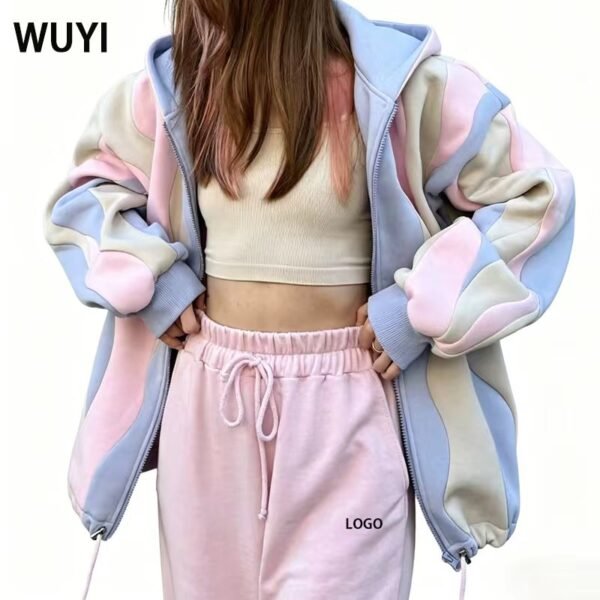 Pastel Wavy Color Block Zip-Up Hoodie