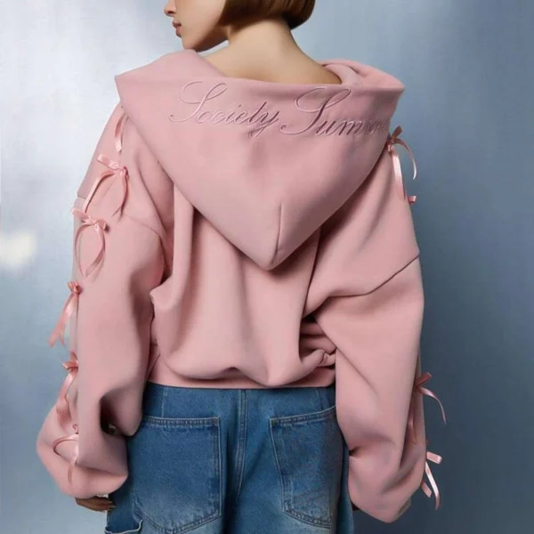 Baby Pink Oversized Bow Detail Zip Up Hoodie