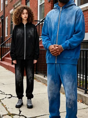 Blue Black Acid Wash Oversized Zip Up Hoodie Tracksuit