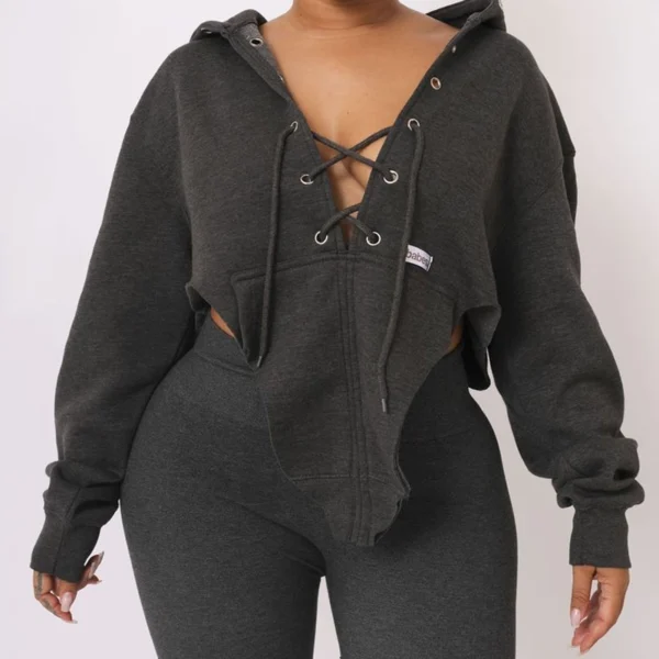 Black Lace-Up Cropped Oversized Hoodie