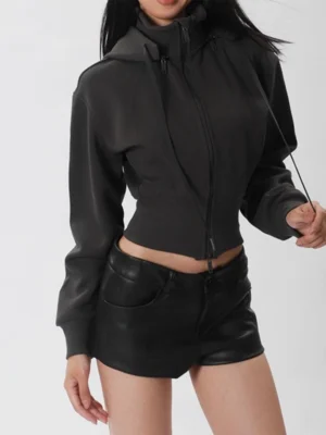 Pink Cinched Waist Cropped Zip Up Hoodie Pink Cinched Waist Cropped Zip Up Hoodie