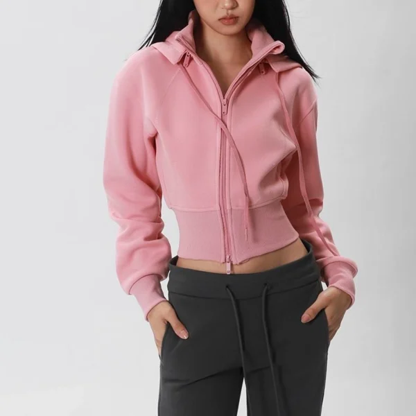 Pink Cinched Waist Cropped Zip Up Hoodie Pink Cinched Waist Cropped Zip Up Hoodie
