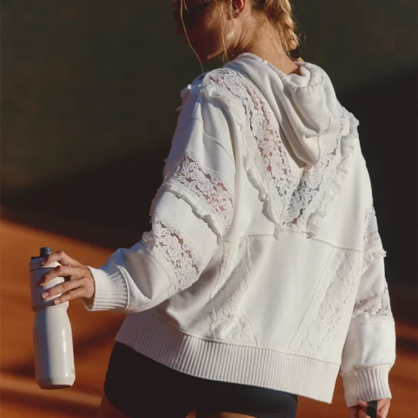 White Lace Ruffle-Trim Oversized Hoodie