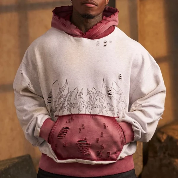 Distressed Tattoo-Embroidered Two-Tone Hoodie Distressed Tattoo-Embroidered Two-Tone Hoodie