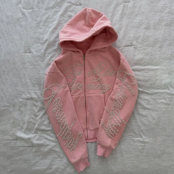 Pearl-Embellished Denim & Cotton Zip-Up Hoodie