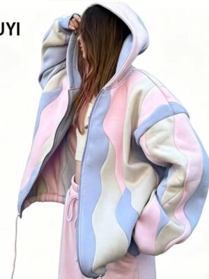 Pastel Wavy Color Block Zip-Up Hoodie