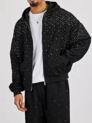 Mens Rhinestone Zip Up Hoodie Tracksuit Set Mens Rhinestone Zip Up Hoodie Tracksuit Set