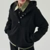 Black Henley Button-Front Oversized Hoodie Black Henley Button-Front Oversized Hoodie