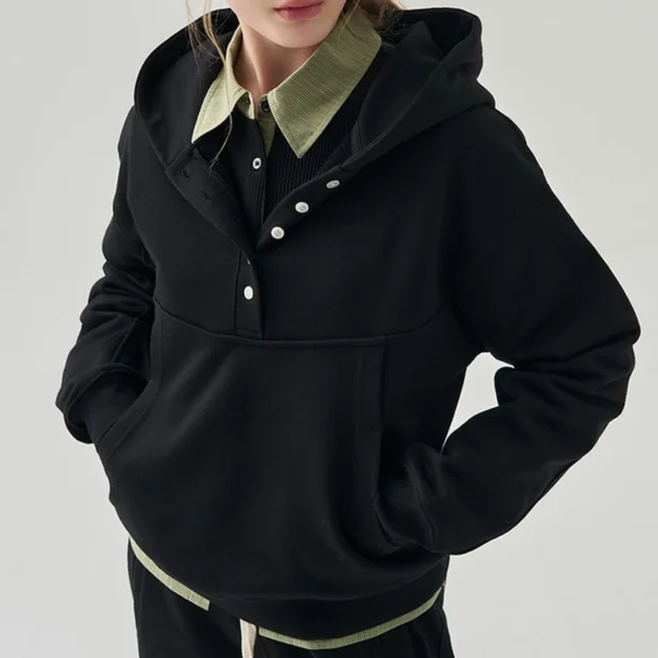 Black Henley Button-Front Oversized Hoodie Black Henley Button-Front Oversized Hoodie