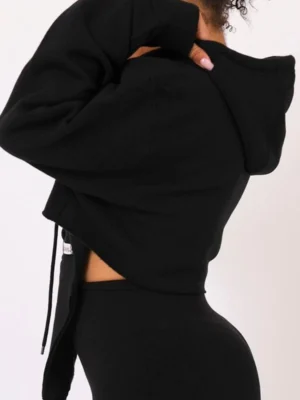 Black Lace-Up Cropped Oversized Hoodie