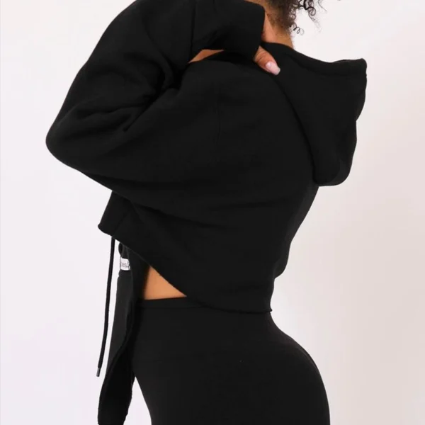 Black Lace-Up Cropped Oversized Hoodie