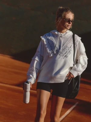 White Lace Ruffle-Trim Oversized Hoodie