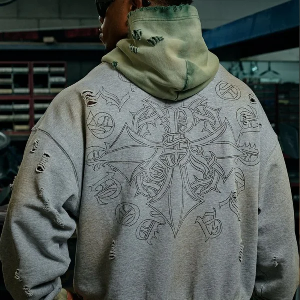 Distressed Tattoo-Embroidered Two-Tone Hoodie Distressed Tattoo-Embroidered Two-Tone Hoodie