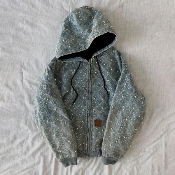 Pearl-Embellished Denim & Cotton Zip-Up Hoodie