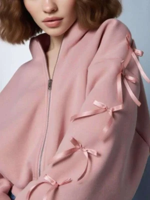Baby Pink Oversized Bow Detail Zip Up Hoodie Baby Pink Oversized Bow Detail Zip Up Hoodie
