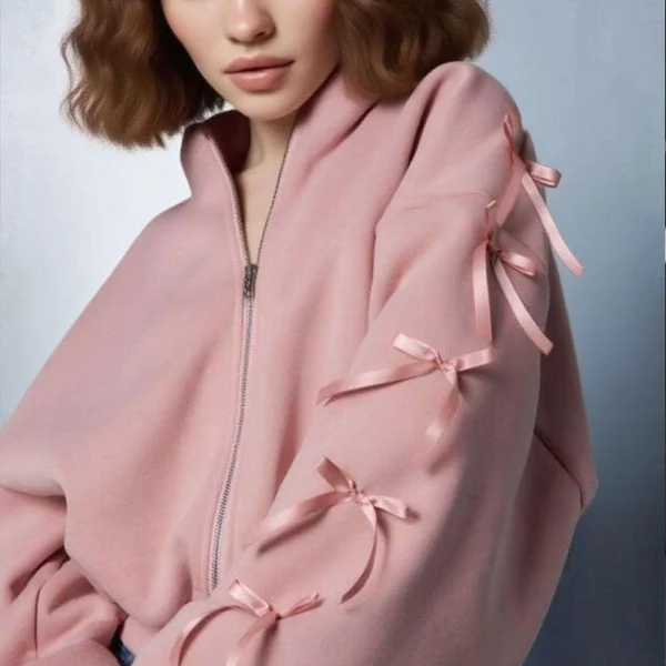 Baby Pink Oversized Bow Detail Zip Up Hoodie