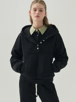Black Henley Button-Front Oversized Hoodie Black Henley Button-Front Oversized Hoodie