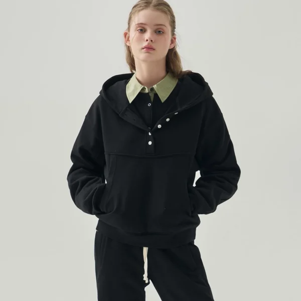 Black Henley Button-Front Oversized Hoodie Black Henley Button-Front Oversized Hoodie