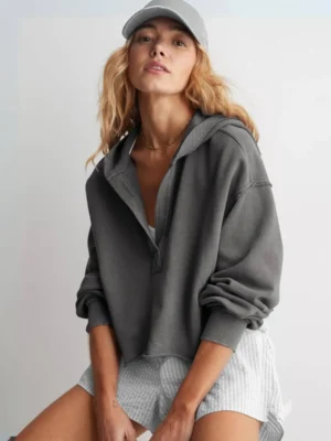 Charcoal Washed Cropped Henley Hoodie Charcoal Washed Cropped Henley Hoodie