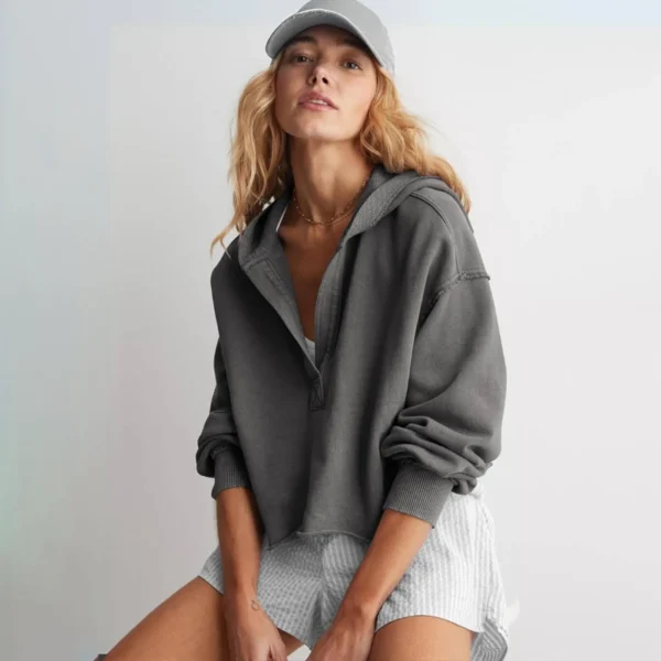 Charcoal Washed Cropped Henley Hoodie