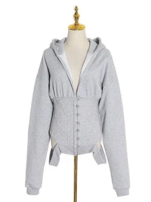 Heather Gray Corset-Style Cinched Waist Hoodie