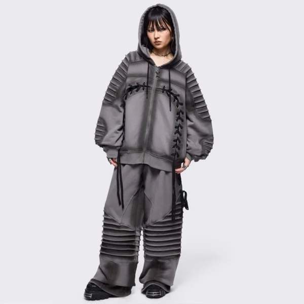 Dark Grey Pleated-Sleeve Lace-Up Zip-Up Hoodie