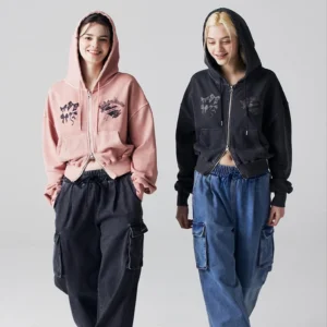 Bow Print Vintage Wash Cropped Zip Hoodie