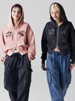 Bow Print Vintage Wash Cropped Zip Hoodie