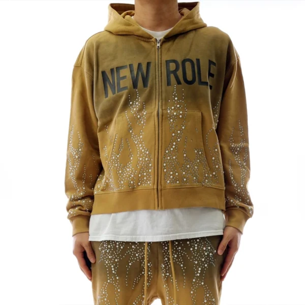 Mustard Rhinestone Washed Zip-Up Hoodie Set