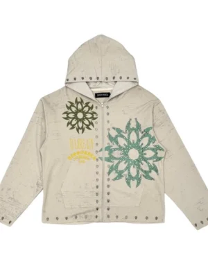 Beige Studded Floral Zip-Up Hoodie