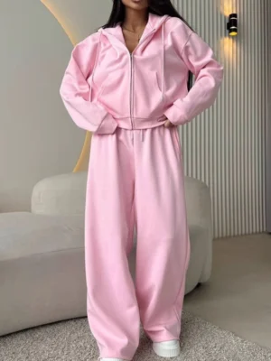 Womens Pink Zip Up Wide Leg Tracksuit