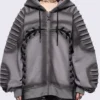 Dark Grey Pleated-Sleeve Lace-Up Zip-Up Hoodie