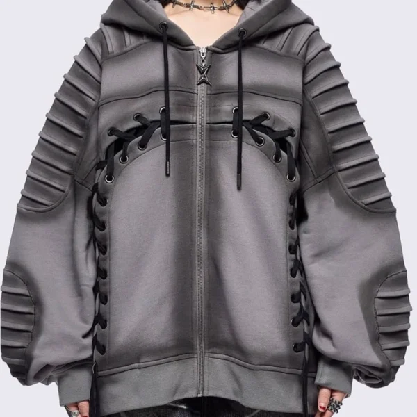 Dark Grey Pleated-Sleeve Lace-Up Zip-Up Hoodie
