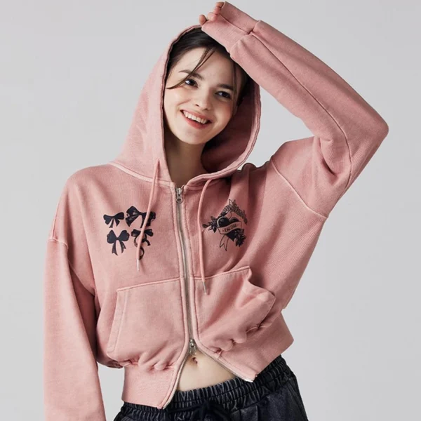 Bow Print Vintage Wash Cropped Zip Hoodie Bow Print Vintage Wash Cropped Zip Hoodie